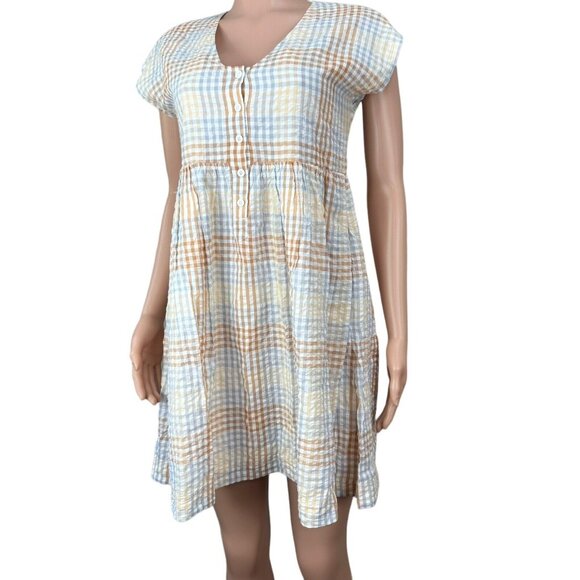 Madewell Womens Mini Dress Size XS Seer Sucker Brown Plaid -V Neck -Half Button - Picture 11 of 12